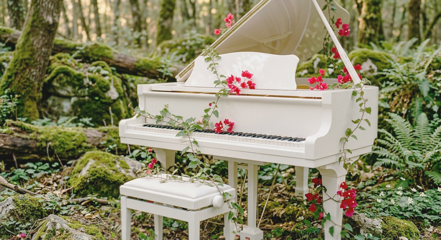 Piano blanco en un bosque, rodeado de flores
